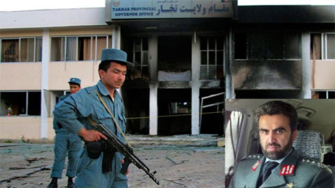Cảnh sát Afghanistan đứng bên ngoài hiện trường vụ đánh bom liều chết, ảnh nhỏ là chân dung tướng