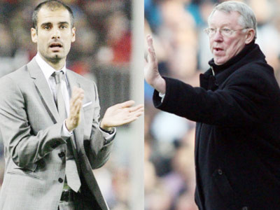 Guardiola (trái) từng thắng Ferguson trong cuộc đối đầu ở chung kết Champions League 2009.