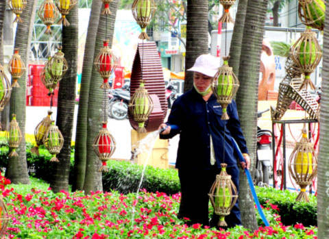 Nữ công nhân tưới nước chăm sóc để giữ độ tươi cho hoa trong những ngày đường hoa hoàn thành.