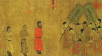 DuongThaiTong Đường Thái Tông (626-649) đã nhận Ludongzan, sứ giả Tây Tạng vào trong triều; bức tranh được vẽ vào năm 641 sau công nguyên bởi Yan Liben (Đại Kỷ Nguyên)