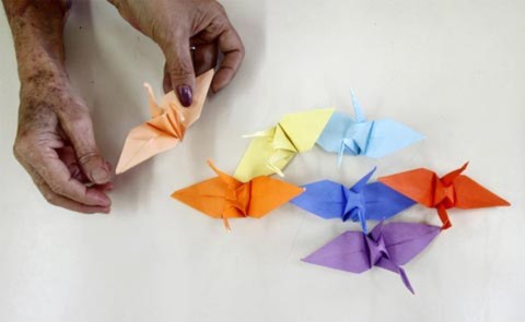 Những con hạc giấy nhiều màu sắc gửi gắm những tâm tư tình cảm cùng lời cầu nguyện tới những người gặp nạn tại Nhật Bản.