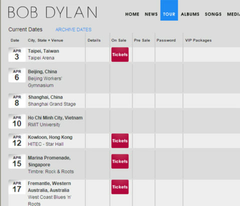 Lịch biểu diễn tháng 4 của Bob Dylan trên trang web của ông.