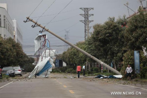 Một cây cột điện bị gió quật đổ ngang đường ở.
