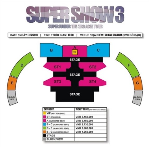 Sơ đồ chỗ ngồi và giá vé trong Super Show 3 tại sân vận động Gò Đậu, Bình Dương.