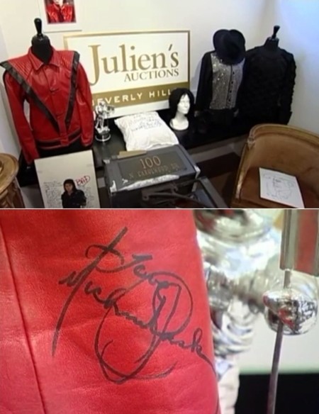 Chiếc áo khoác Thriller được đặt trong phòng lưu trữ của nhà đấu giá và tay áo với chữ ký