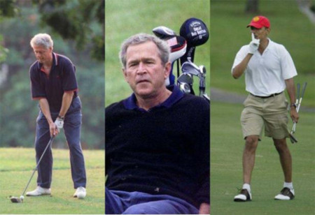 Cựu Tổng thống Clinton, cựu Tổng thống George Bush và Tổng thống Obama trên sân golf. Ảnh: Independent