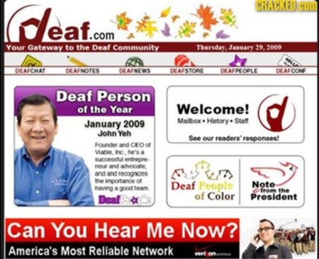 Quảng cáo của mạng không dây Verizon với dòng chữ “Can you hear me now?” xuất hiện của bài viết về “Người điếc của năm.”