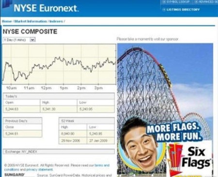 Quảng cáo của tập đoàn Six Flags – tập đoàn công viên giải trí lớn nhất thế giới – với hình ảnh đường ray của tàu lượn trong công viên giải trí trùng hợp với đường lên xuống của các chỉ số trên sàn giao dịch chứng khoán New York (NYSE)