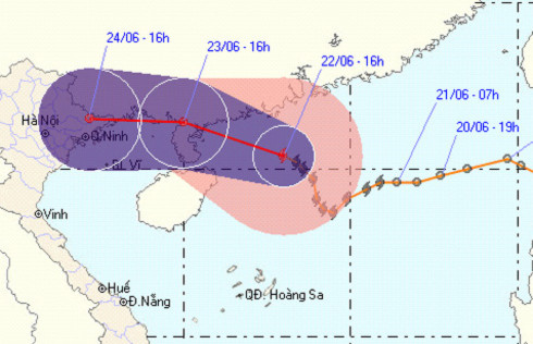 Vị trí và dự báo hướng đi của bão Haima chiều 22/6