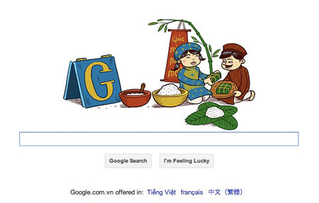 Hình ảnh Bánh Chưng Việt Nam và lời chúc mừng năm mới bằng tiếng Việt trên trang chủ của Google.