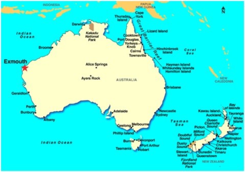 Thị trấn nhỏ Exmouth (ngôi sao màu đỏ) ở khu vực tây bắc Australia là nơi quân Mỹ sẽ lắp đặt siêu radar C-band.