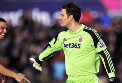 Stoke City's Asmir Begovic, right, scored against Southampton in the Premier League at the Britannia