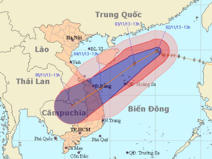 Dự báo đường đi của bão số 12 (Trung tâm Dự báo KTTVTW)