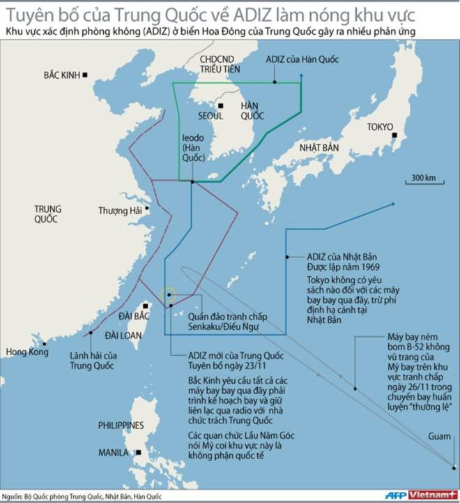 Đồ họa về khu vực Nhận dạng phòng không (ADIZ) mà Trung Quốc đơn phương thiết lập (Nguồn: AFP/Vietnam+)