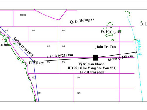 Bản đồ minh họa vị trí giàn khoan HD981 của Trung Quốc hạ đặt trái phép trong 
vùng đặc quyền kinh tế, thềm lục địa Việt Nam - Nguồn: Tập đoàn Dầu khí Việt Nam