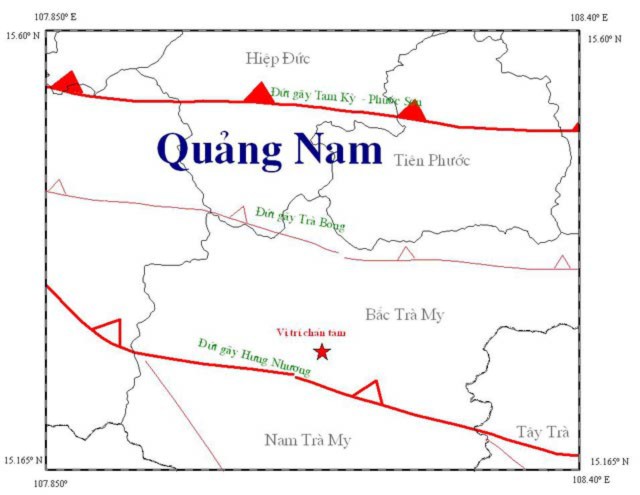 Sơ đồ vị trí động đất 2,2 độ richter tại huyện Bắc Trà My - ảnh chụp lại tự trang Web của Viện Vật lý địa cầu.
