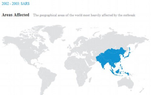 Bản đồ cho thấy một Đại dịch gần đây, đó là Hội chứng Hô hấp Cấp tính (SARS), xảy ra vào năm 2002. Bắt đầu ở Trung Quốc và lan rộng khắp châu Á chỉ trong 12 tháng, giết chết khoảng 775 người.