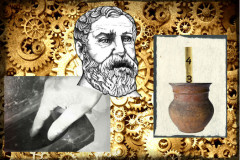 Bên trái: Bức ảnh tư liệu của nước thánh (Shutterstock *); Trên: Anh hùng Heron của Alexandria (Wikimedia Commons); Phải: Minh họa thiết bị cột mốc của người Hy Lạp cổ đại (Didecs/iStock/Thinkstock); Ảnh nền: (Shutterstock*/ Epoch Times)