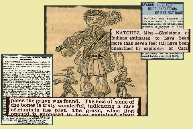 Những bài báo cắt mô tả những khám phá về những bộ xương được cho là của người khổng lồ. Hình nền: Trang bìa cuốn “Jack the Giant Killer.” (Wikimedia Commons)