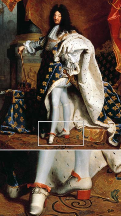 Vua nước Pháp Louis XIV đang đi đôi giày cao gót biểu tượng của ông trong một bức chân dung năm 1701 của Hyacinthe Rigaud. (Wikimedia Commons)