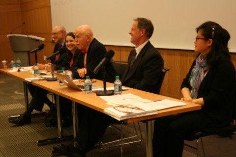 Panelists at Fordham University on Jan. 15, from right to left: Columbia University professor Andrew Nathan, Freedom House researcher Sarah Cook, New York University professor Jerome A. Cohen, Fordham University professor Martin Flaherty, Chinese human rights lawyer Liu Wei. (Tianna Ren/Epoch Times)