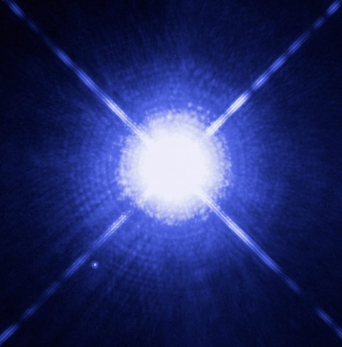Sirius A and Sirius B as seen by the Hubble Space Telescope. The white dwarf can be seen to the lower left. (NASA, ESA, H. Bond/STScI, M. Barstow/University of Leicester)
