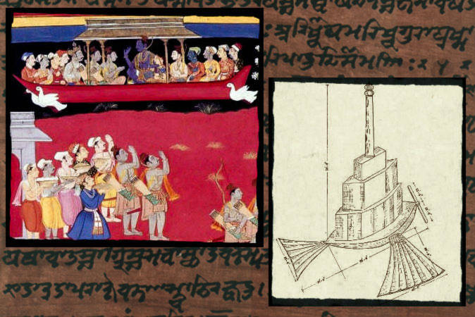 Left: Rama welcomed back to Ayodhya, including the celestial flying machine, the Pushpak Vimana. Right: An illustration of the Shakuna Vimana that is supposed to fly like a bird with hinged wings and tail, drawn in Bangalore, India, in 1923. Background: A file photo of Sanskrit text. (Wikimedia Commons)