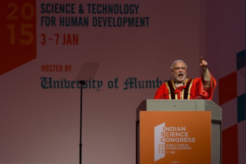 Indian Prime Minister Narendra Modi speaks at the inauguration of the102nd Indian Science Congress (ISC) in Mumbai on Jan. 3, 2015. (Indranil Mukherjee/AFP/Getty Images)