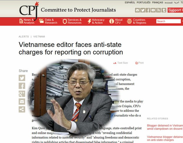 Ngày 12/5 CPJ  ra thông cáo báo chí kêu gọi Việt Nam bỏ các cáo trạng chống lại ông Kim Quốc Hoa