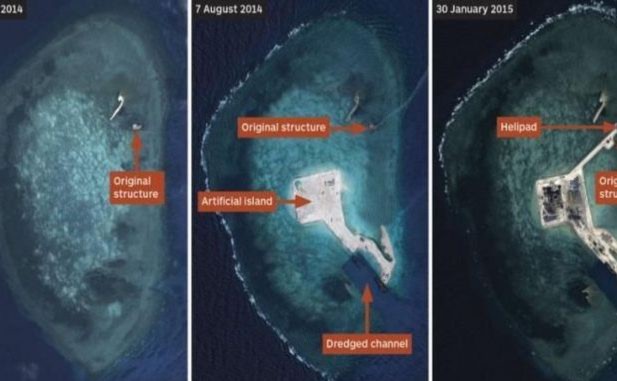 Imaginile  de satelit arată progresul făcut de China în perioada martie 2014 - 30  ianuarie 2015 (de la st la dr) în privinţa construirii unei insule în Reciful Gaven din  Insulele Spratly. (Captură Foto)