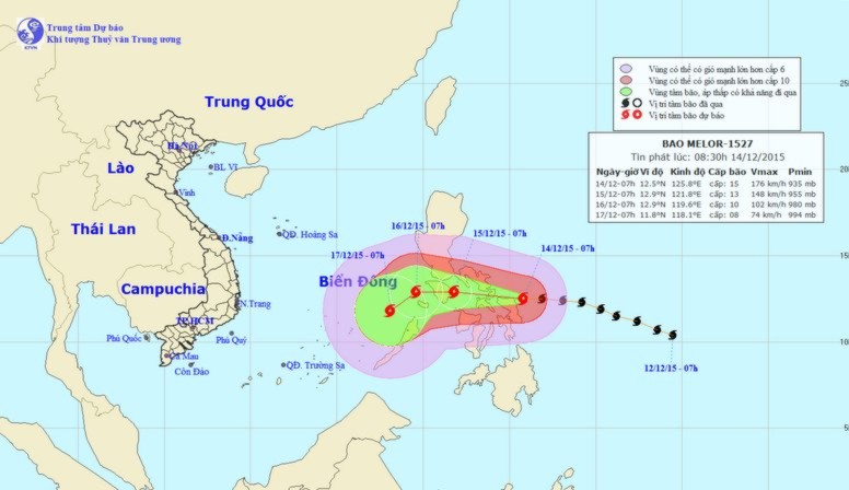 Vị trí và đường đi của cơn bão Melor.