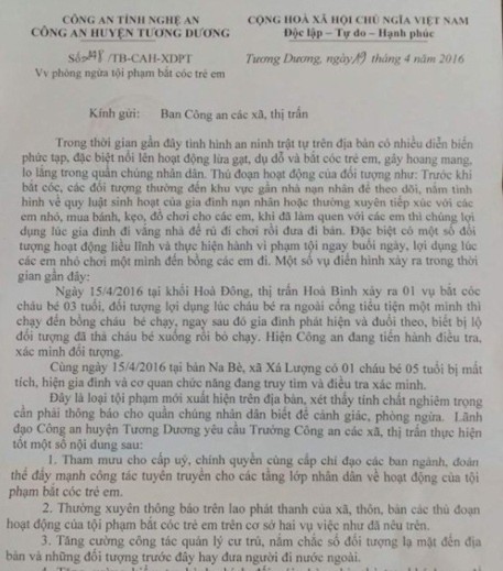 Công văn khuyến cáo về nạn bắt cóc trẻ em của Công an huyện Tương Dương. Ảnh: Nghĩa Đàn
