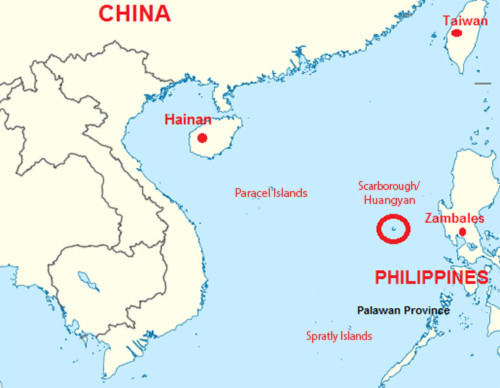 Bản đồ cho thấy vị trí tỉnh Zambales, bãi cạn Scarborough/Hoàng Nham, các quần đảo Hoàng Sa (Paracel Islands) và Trường Sa (Spratly Islands) trên Biển Đông. Đồ họa: koreanewsonline