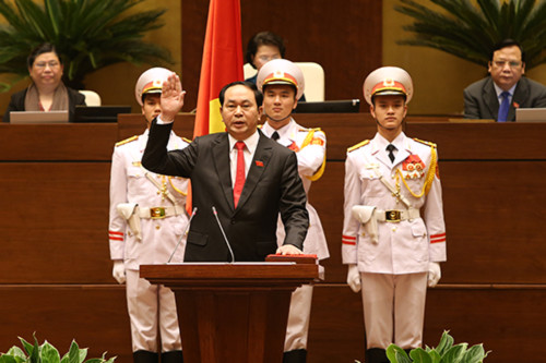 Đại tướng Trần Đại Quang tuyên thệ nhậm chức Chủ tịch nước hồi tháng 4. Ảnh: Giang Huy