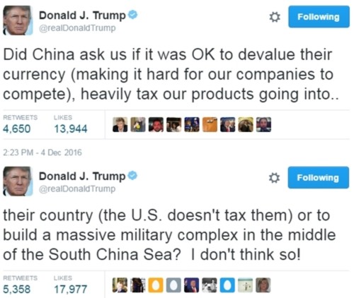 Donald Trump chỉ trích chính sách tiền tệ, quân sự của Trung Quốc trên Twitter cá nhân. Ảnh: Twitter.