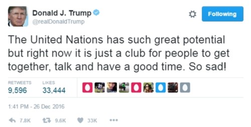 Donald Trump gọi Liên Hợp Quốc là câu lạc bộ trên Twitter cá nhân ngày 26/12. Ảnh: Twitter.