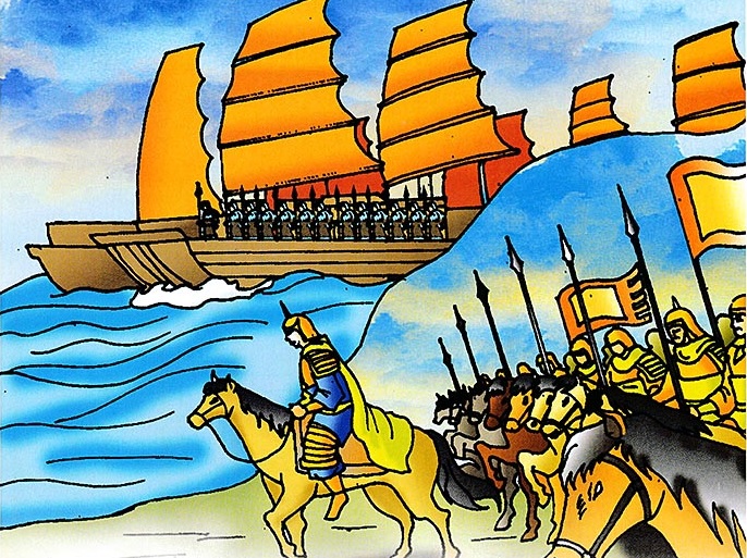 Trên sông và các sườn đồi, quân Việt trang phục, gươm giáo chình tề hò reo dậy đất. Tranh lịch sử Việt Nam