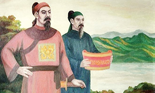Nguyễn Trãi dâng lên Lê Lợi Bình Ngô sách tại căn cứ khởi nghĩa Lam Sơn. Tranh minh họa: Hoàng Hoa Mai. Ảnh dẫn từ kienthuc.net.n