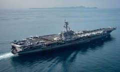 The U.S. aircraft carrier USS Carl Vinson transits the Sunda Strait, Indonesia on April 15, 2017. Picture taken on April 15, 2017.    Sean M. Castellano/Courtesy U.S. Navy/Handout via REUTERS  ATTENTION EDITORS - THIS IMAGE WAS PROVIDED BY A THIRD PARTY. EDITORIAL USE ONLY.