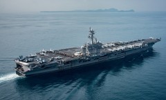 The U.S. aircraft carrier USS Carl Vinson transits the Sunda Strait, Indonesia on April 15, 2017. Picture taken on April 15, 2017. Sean M. Castellano/Courtesy U.S. Navy/Handout via REUTERS ATTENTION EDITORS - THIS IMAGE WAS PROVIDED BY A THIRD PARTY. EDITORIAL USE ONLY.