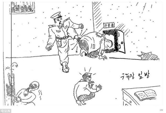 Tra tấn: Bức vẽ của một cựu cai ngục Bắc Hàn gửi lên Liên Hiệp quốc, mô tả một người cai ngục đang ép tù nhân chui qua một lỗ nhỏ của bức tường (Ảnh: LHQ)