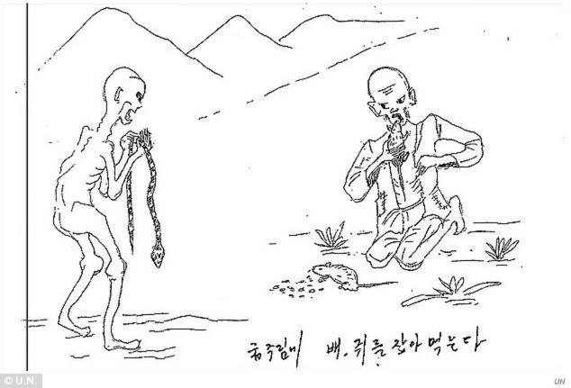 Bức hình mô tả cảnh tù nhân phải tìm rắn, chuột, các loạt động vật để ăn. Câu mô tả bằng tiếng Hàn là: "Để không chết đói, hãy đi bắt rắn, chuột mà ăn".