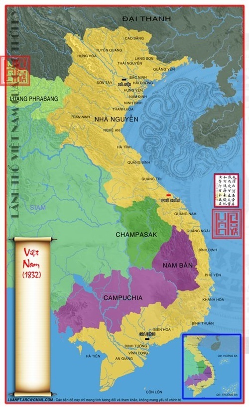 Bản đồ Việt Nam thời nhà Nguyễn sau khi sáp nhập vùng đất từ Lào. (Ảnh từ lichsunuocvietnam.com)