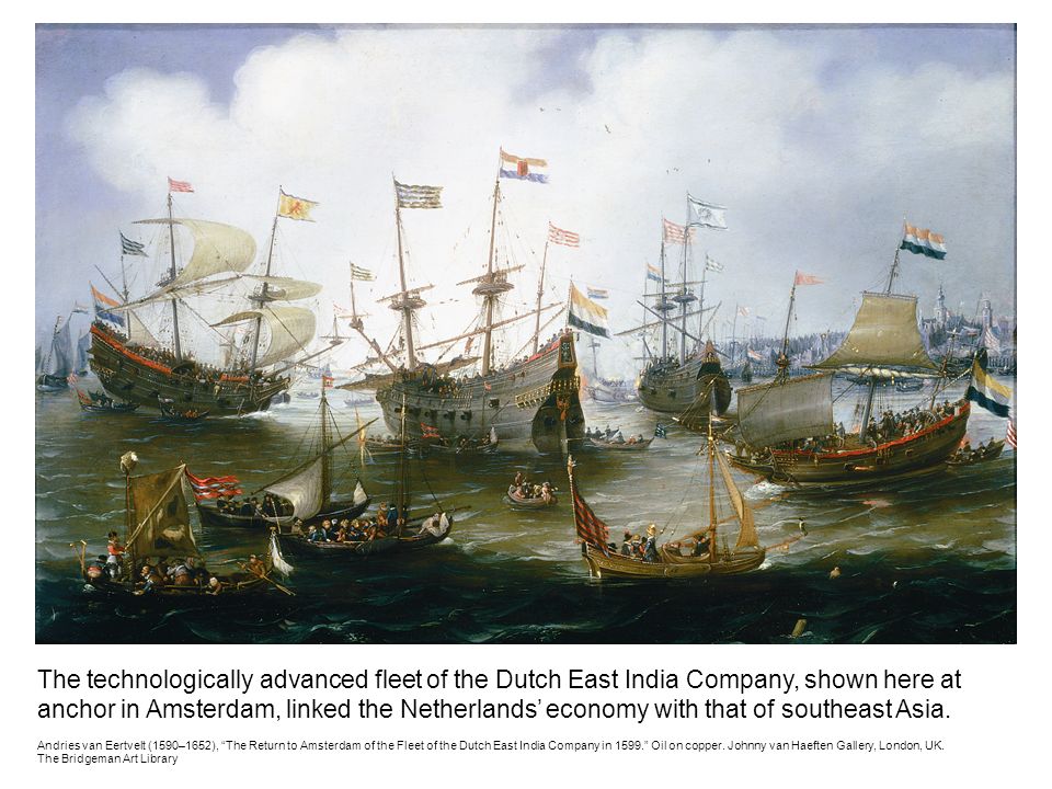 Hạm đội Công ty Đông Ấn Hà Lan, nhiều trọng pháo được đặt thành hàng bên hông tàu. (Tranh của Jonhnny Van Haeften)