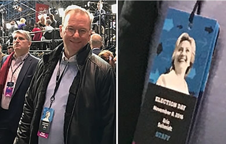 Eric Schmidt đeo thẻ “nhân viên” tại bữa tiệc đêm bầu cử Clinton. (Ảnh qua Guerilla Stock Trading)