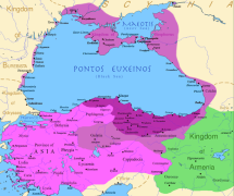 Bản đồ vương quốc Pontus: Trước khi vua Mithridates VI chinh phục (màu tím đậm), sau các cuộc chinh phục cỉa ông (màu hồng). (Ảnh từ wikipedia.org)