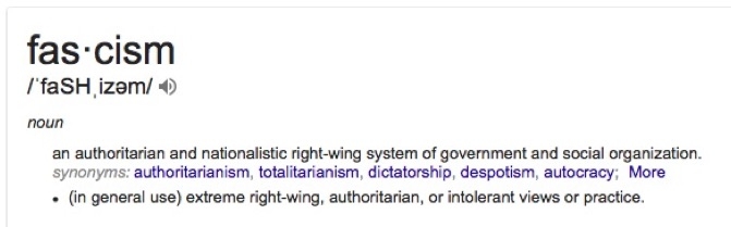 Định nghĩa về chủ nghĩa phát-xít trên google translate: Chủ nghĩa phát-xít là hệ thống chính phủ và tổ chức xã hội cánh hữu độc đoán và theo chủ nghĩa dân tộc. (Ảnh chụp màn hình)