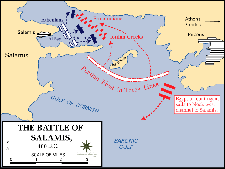 Các tàu Ba Tư dàn hàng chặn eo biển lại, rồi sau đó cùng tiến đánh tàu Hy Lạp. (Tranh từ Wikipedia)