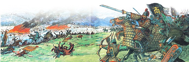 Phục binh của Cao Câu Ly tràn ra tấn công quân Tùy. (Tranh qua daum.net)