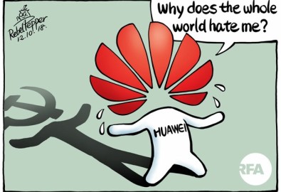 Why Does the Whole World Hate Me?’( Tại sao cả thế giới ghét tôi?) Hình biếm họa Huawei vẽ bởi đài RFA